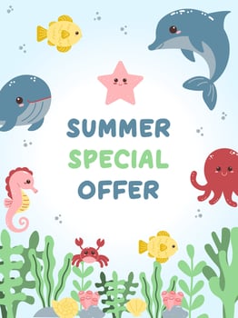 Banner summer special offer. sea animals. cute fish. poster vector