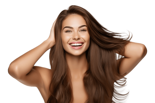 Beautiful Girl Cosmetic Model Hands on Head on Transparent Background png