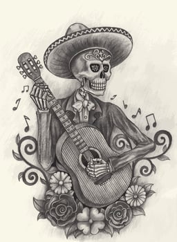 Mariachi skeleton playing guitar day of the dead design by hand drawing on paper. vector