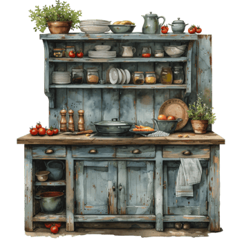 Vintage Wooden Kitchen with Shelves and Utensils png