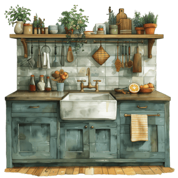 Rustic Kitchen with Wooden Cabinets and Potted Plants png