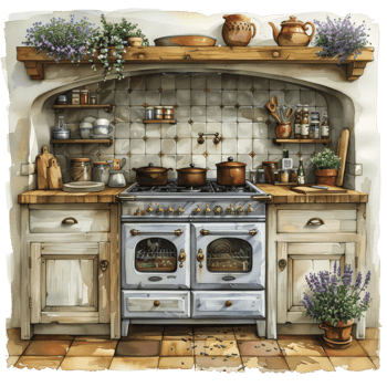 Vintage Kitchen with Rustic Stove and Utensils png