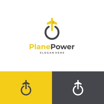 Power plane logo concept, plane combine with power button logo icon illustration vector