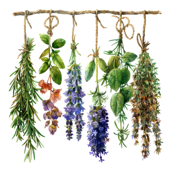 Fresh Herbs Hanging in Bunches from Wooden Rod png