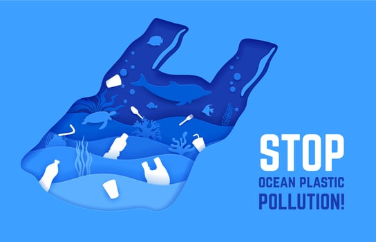 Polluted water, plastic waste on the sea bottom. vector