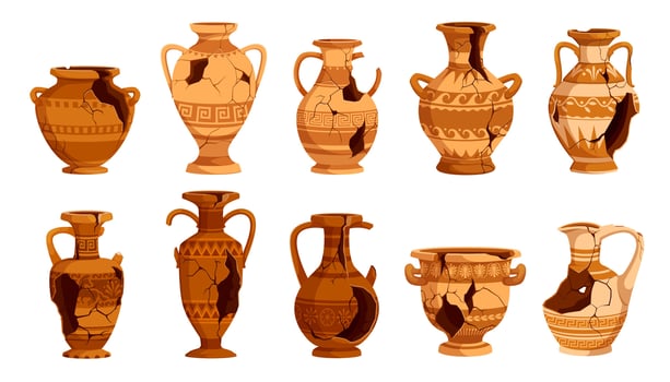 Ancient broken pottery and old ceramic pots set vector