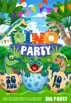 Kid dino party flyer with funny prehistoric dino vector