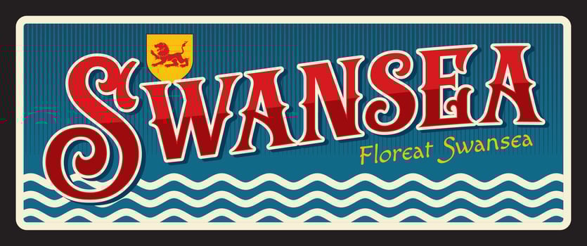 Swansea city in Wales, retro travel plate vector