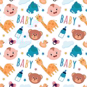 Baby Seamless Pattern Design, A Set of Simple Decorative Elements in a Hand Drawn on Style Cartoon Flat Illustration Template vector