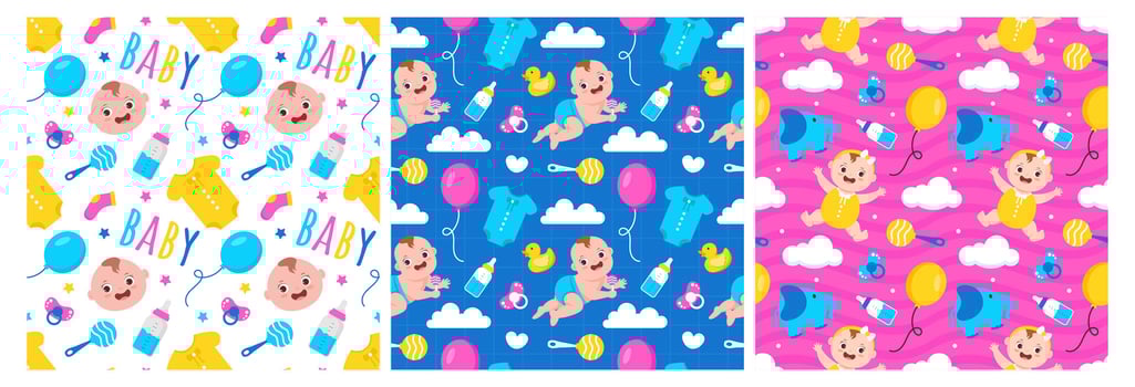 Baby Seamless Pattern Design, A Set of Simple Decorative Elements in a Hand Drawn on Style Cartoon Flat Illustration Template vector