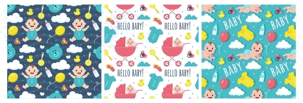 Baby Seamless Pattern Design, A Set of Simple Decorative Elements in a Hand Drawn on Style Cartoon Flat Illustration Template vector