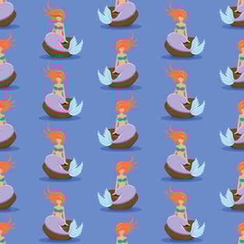 seamless pattern the little mermaid character with orange hair and purple tail sits on a stone hand drawn illustration vector