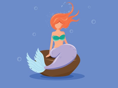 Mermaid party invitation, holiday card, the little mermaid character with orange hair and purple tail sits on a stone hand drawn illustration vector