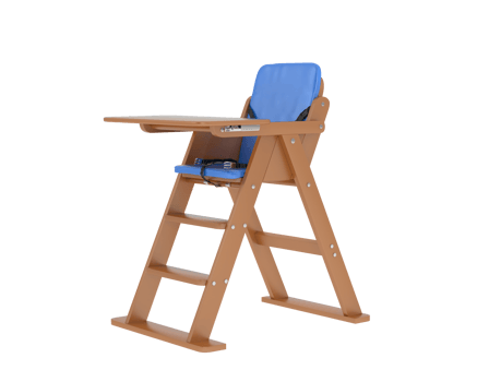 A wooden high chair with blue seat png