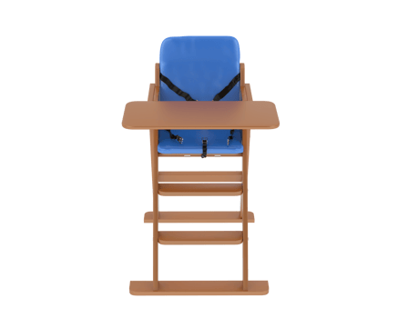 A high chair with blue seat and wooden legs png