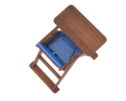 A wooden high chair with blue seat and back png