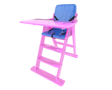 A pink high chair with blue seat png