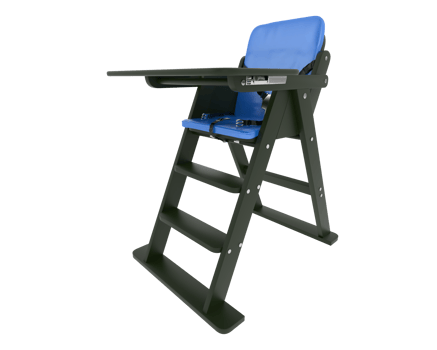 A baby high chair with blue seat and black legs png