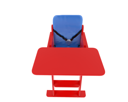 A red high chair with blue seat and blue tray png