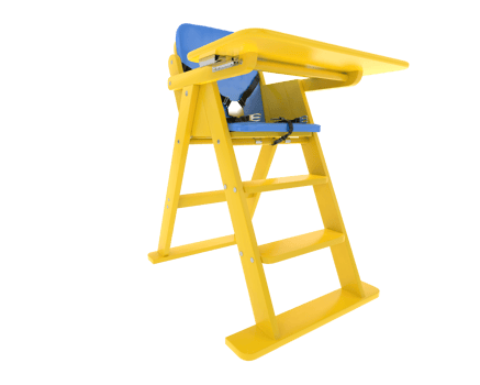 A yellow high chair with blue seat png