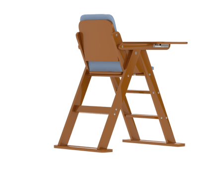 A high chair with a blue seat and wooden legs png