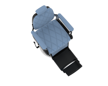 A blue seat with a black seat cover png
