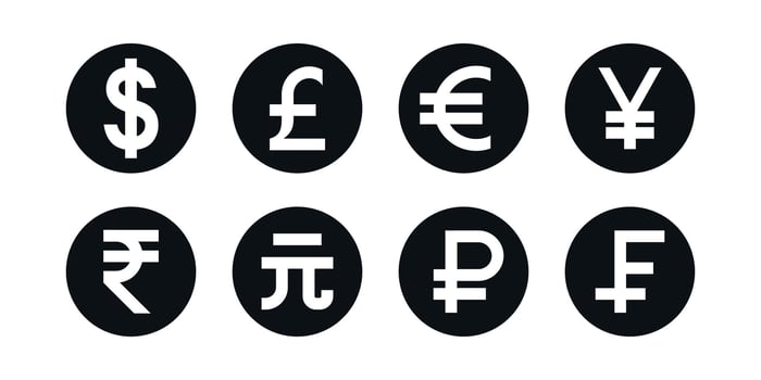 Set of most popular currency icons symbol dollar, euro, pound, yen, yuan, rupee, ruble international money exchange vector