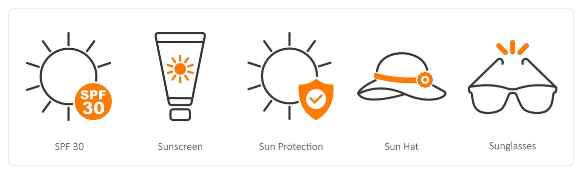 A set of 5 Sun Protection icons as spf 30, sunscreen, sun protection vector