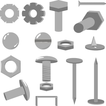 icons hardware metal art. rivets bolts and nails with screws. illustration Conventional nuts gears and brackets. metal consumables for construction and repair in the house and on the street. vector