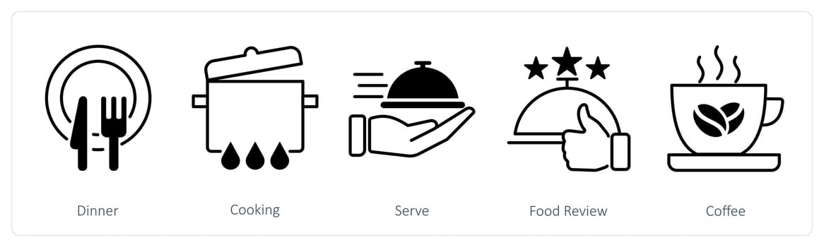 A set of 5 Restaurant icons as dinner, cooking, serve vector