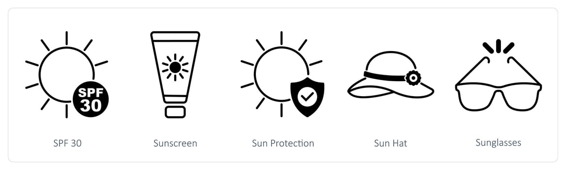 A set of 5 Sun Protection icons as spf 30, sunscreen, sun protection vector
