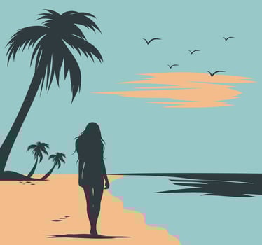 summer flat illustration, dark silhouette of a woman on vacation walking along the beach, tourism. Template, postcard, banner, for social media, website vector