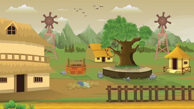 Village cartoon background evening illustration of green meadows and surrounded by trees, windmill fans and mountains vector