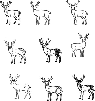 A set of deer standing pose black and white outline vector