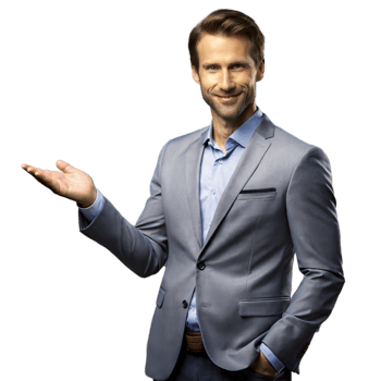 Confident businessman presenting with hand gesture on transparent background png