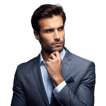 Confident businessman in suit thinking on transparent background png