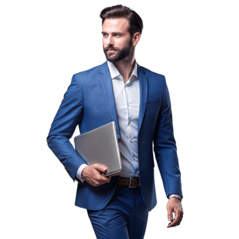 Confident businessman in blue suit holding laptop on transparent background png