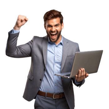 Excited businessman celebrating success with a laptop png