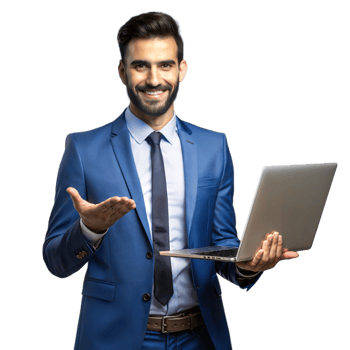 Confident businessman presenting with laptop on transparent background png
