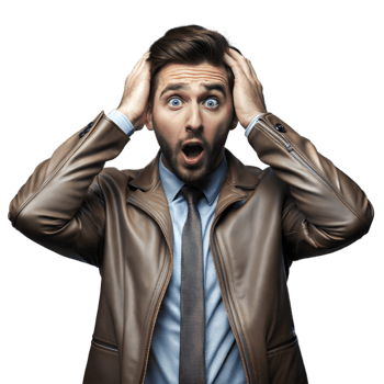 Surprised man in leather jacket with hands on head png