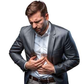 Man in business attire experiencing chest pain on transparent background png