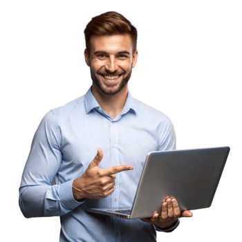 Smiling man holding and pointing at laptop on transparent background png