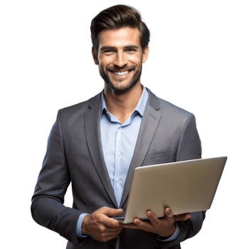 Confident businessman holding laptop on transparent background png