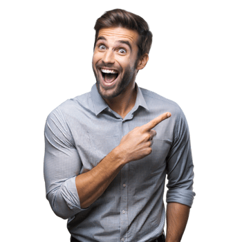 Excited man pointing in surprise on transparent background png