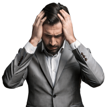 Stressed businessman holding head wearing gray suit on transparent background png