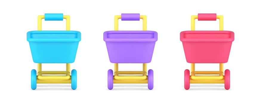 Supermarket trolley shopping pushcart customer purchase retail sale discount 3d icon set vector
