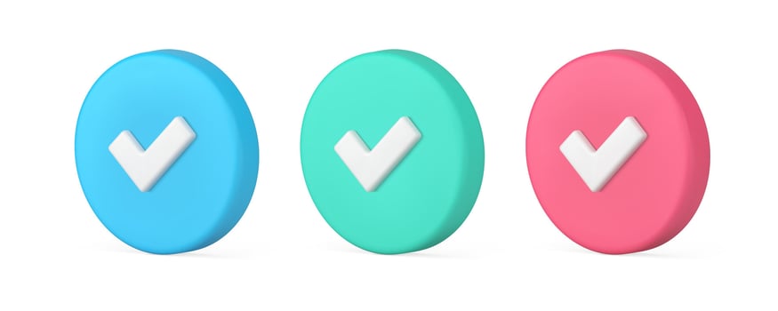 Check mark isometric circle button for approved success confirmation 3d icon set realistic vector
