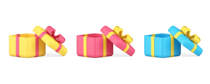 Gift box open cap wrapped bow ribbon birthday anniversary party surprise 3d icon set vector