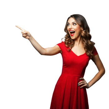 Excited woman in red dress pointing with joy png
