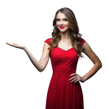 Confident woman in red dress gesturing with open hand png